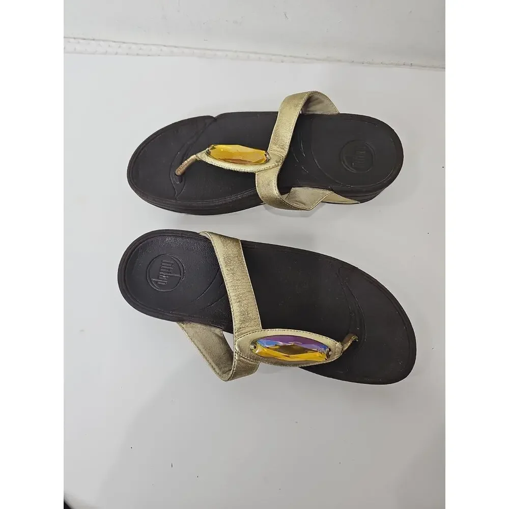 FitFlop Lulu Crystal Embellished Thong Sandals Sz 6 Gold Comfort Flip Flops